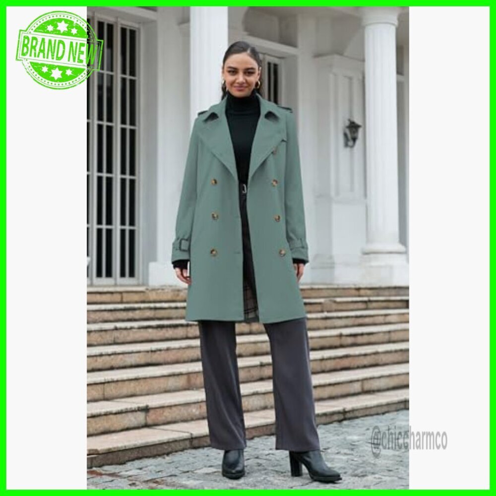 Waterproof Double Breasted Trench Coat with Belt, Fitted Polyester - Picture 3 of 7